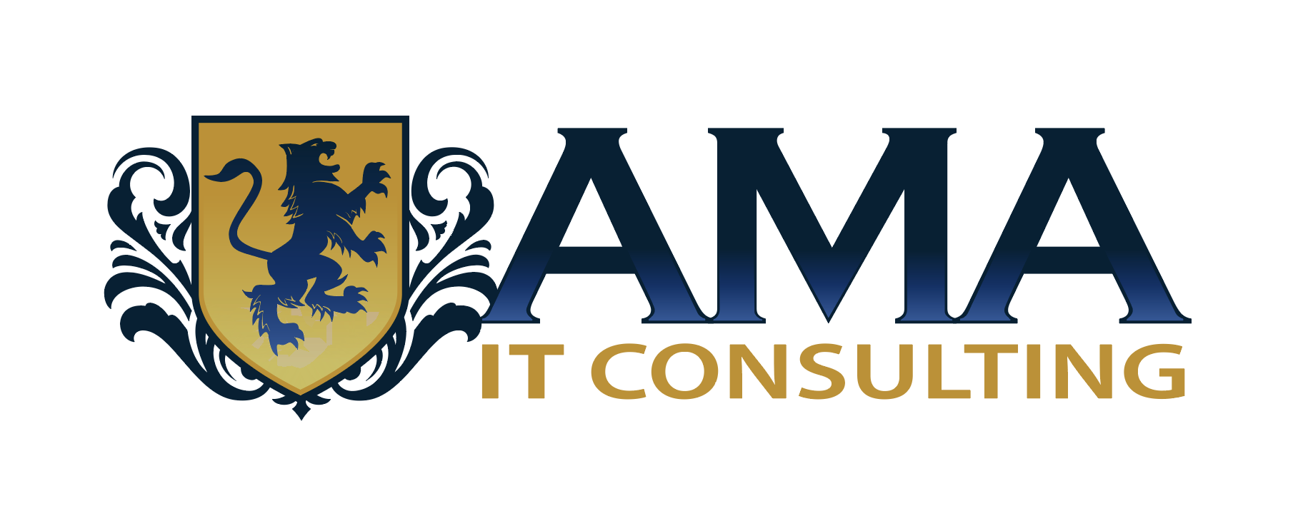 AMA IT Consulting logo — navy and gold shield crest, established 2018